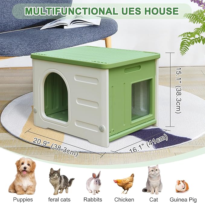 Plastic Cat House for Outdoor Indoor Use, Feral Cat Shelter Indoor Stackable Cat House Insulated Weatherproof Waterproof -Green