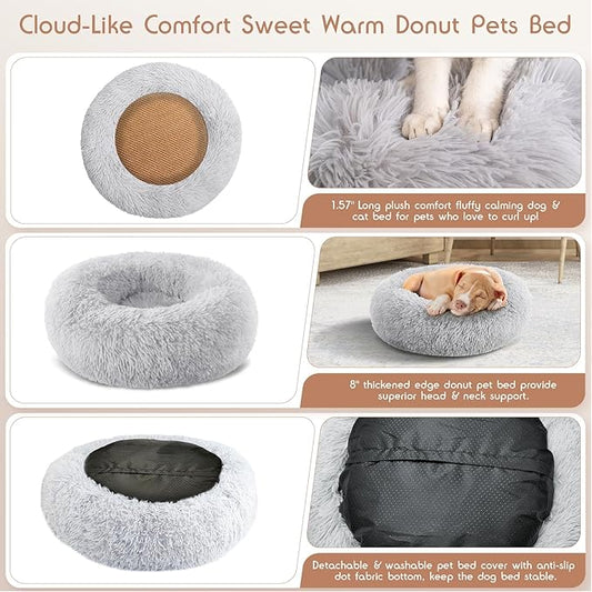 Calming Donut Dog Bed Medium Size Removable Cover + 2 PCS Cooling Rattan Pet Mat, Fluffy Comfort Anti-Anxiety Washable Round Pets Bed with Double-Sided Cool Pad for Medium Dogs/Cat, 31" Gray
