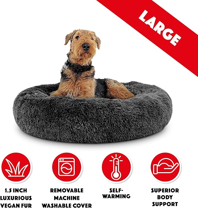 The Dog's Balls Sound Sleep Donut Dog Bed, Grey Plush Large Removable Cover Calming Nest Bed, Veterinary Approved