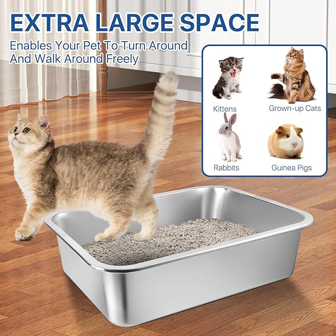 Stainless Steel Cat Litter Box, 16 x 12 x 4 Large Litter Box, Non Stick Kitty Litter Pan with Metal Litter Scoop and Anti Slip Stickers for Kitten, Guinea Pig and Rabbit