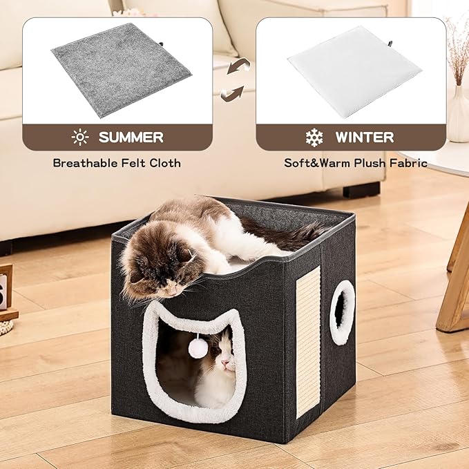 Cat Beds for Indoor Cats, Large Cat Cave with Fluffy Ball and Scratch Pad, Foldable Cat Scratch House with Hideaway Condo for Kitten,16x16x14.5inch,Grey