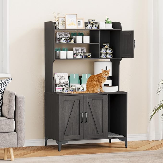 Large Cat Litter Box Enclosure Furniture with 3 Open Shelves and Storage Cabinet, Farmhouse Cat House Washroom with Scratch Pad, Modern Wood Pet House Side End Table for Livingroom Bedroom