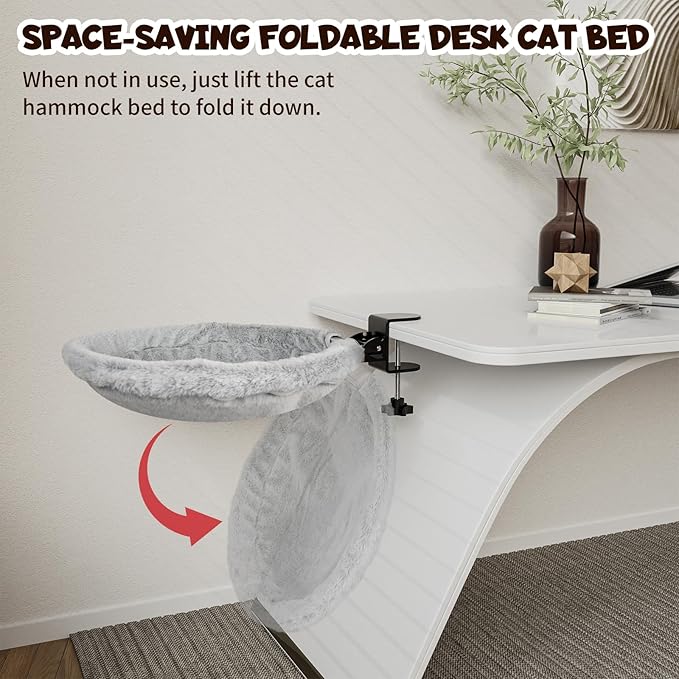 Cat Hammock Bed, 90° Foldable Cat Desk Bed, Adjustable Kitten Beds Up to 44 LBS, Durable Ergonomic Desk Cat's Beds Mount, Washable Soft Fabric Pet Desks Nest Beds for Home, Office, Room and Study