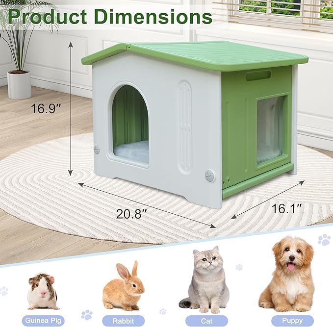 Rockever Plastic Outdoor Cat House with Escape Door, Waterproof Cat Shelters for Feral Cats Indoor Cat House with Mat, Sturdy Cat House for Outdoor Cats, Assemble Easily-Green
