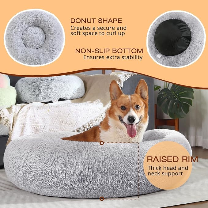 JOLLYVOGUE Dog & Cat Bed, Calming Anti-Anxiety Pet Bed for Small Dogs, Fluffy Donut Cushion for Small and Medium Pets (23")