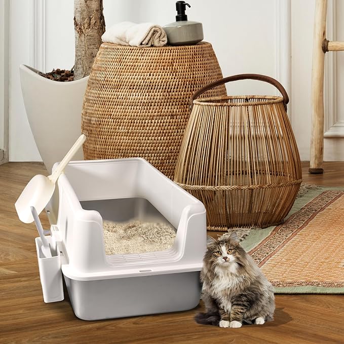 Stainless Steel Litter Box with Lid, 24" XL Extra Large High-Sided Metal Cat Litter Box for Multiple Cats,Anti-Leakage & Non-Stick, Easy to Clean, Includes 2 Scoops&Deodorizer Box, White