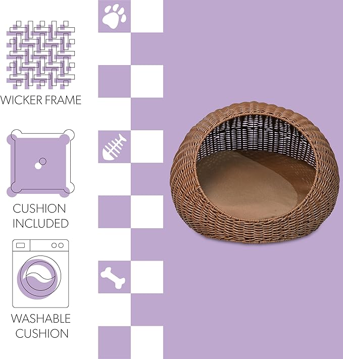 CBD3000B Fiora 19.5" x 18" Modern Circular Faux Wicker Pet Bed with Machine-Washable Cushion, Cat Beds for Indoor Cats, Brown