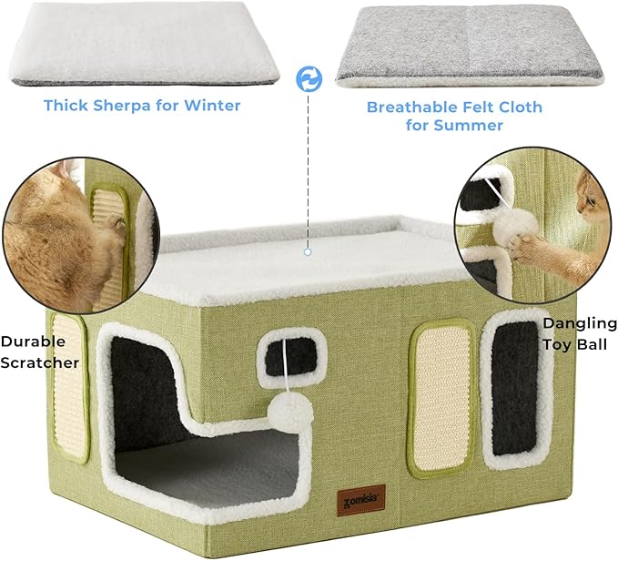 Extra-Wide Cat House for Indoor Cats - Large Cat House for Pet with Fluffy Ball Hanging and Scratch Pad, Foldable Cat Hideaway for Multi Cats, 23x16.5x13 inches, Grey