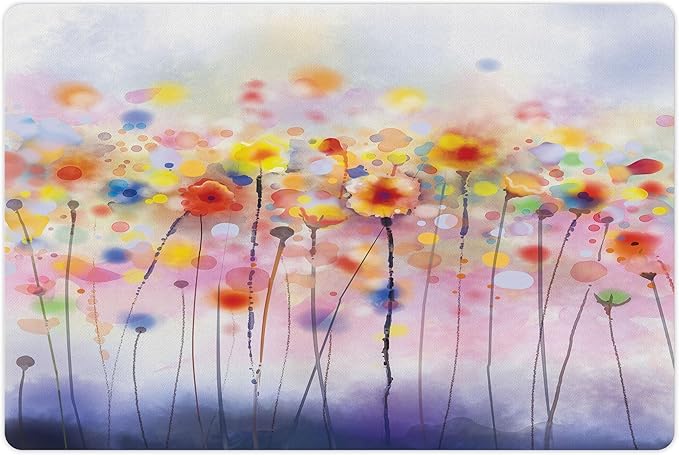 Lunarable Watercolor Flower Pet Mat for Food and Water, Flowers in Soft Colors Dreamy Abstract Colorful Blurred Display, Non-Slip Rubber Mat for Dogs and Cats, 18" X 12", Orange Purple