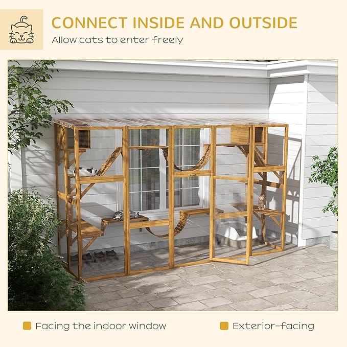 PawHut Catio Outdoor Cat Enclosure Window, Outdoor Cat House with Weather Protection Roof for Multiple Kitties, Wooden Frame, Shelves & Bridges, 118" x 37.5" x 74", Yellow