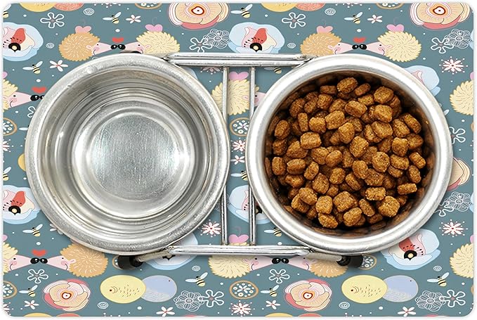 Lunarable Animal Pet Mat for Food and Water, Hedgehogs Kissing Hearts Love Bees Flowers Cheerful Happy Art Image, Non-Slip Rubber Mat for Dogs and Cats, 18" X 12", Multicolor