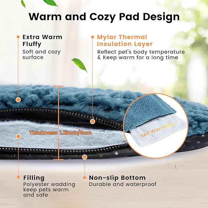 Dog Bed Mat Self Heating Pad for Medium Large Dogs, Dog House Bed Crate Pad for Sleeping Self Warming Pet Bed Puppy Blanket with Removable Washable Cover, Blue 42 Inches