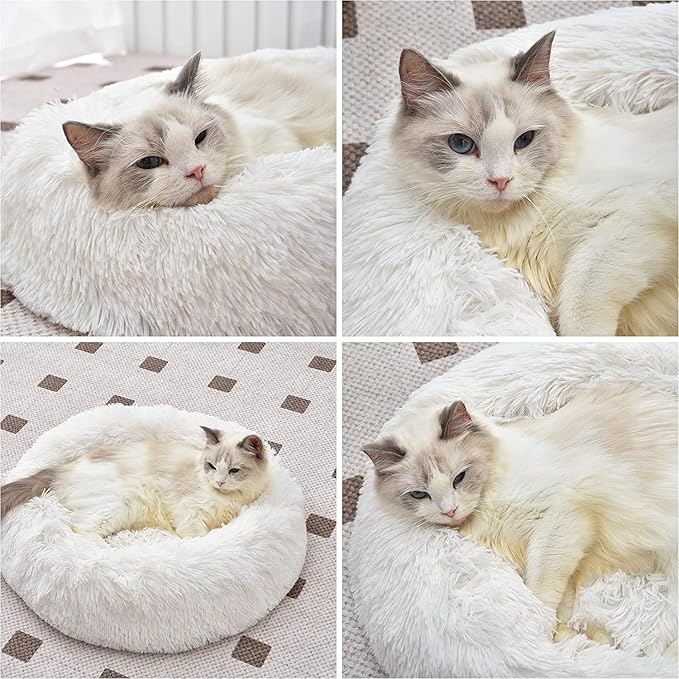 Cat Beds for Indoor Cats - Cat Bed Washable 20/24 inches, Dog Beds for Small Medium Dogs, Anti Anxiety Round Fluffy Plush Faux Fur Pet Bed, Thick Bottom