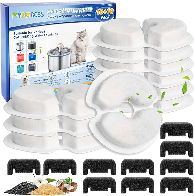 Cat Water Fountain Filter, 10 Pack Replacement & 10 Pack Pre-Filter Sponges, Fit for 67oz/2L & 84oz/2.5L Automatic Cat Pet Dog Fountain
