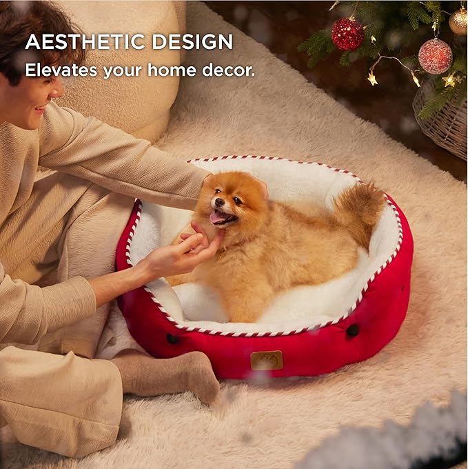 Bedsure Dog Beds for Small Dogs - Round Cat Beds for Indoor Cats, Washable Pet Bed for Puppy and Kitten with Slip-Resistant Bottom, 25 Inches, Antique Red