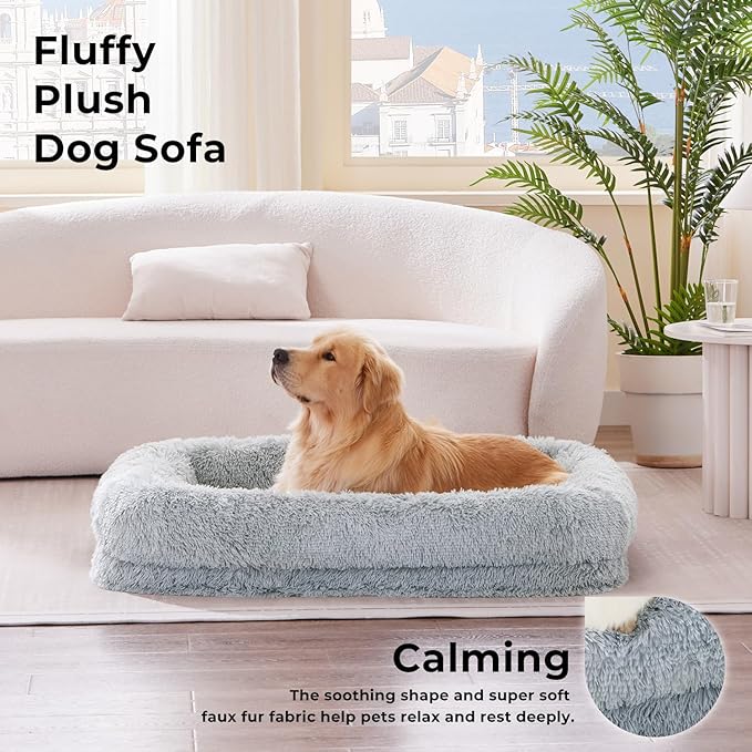 Extra Large Dog Bed - XL Dog Bed with Washable Removable Cover, Fluffy Waterproof Pet Sofa with Supportive Egg Foam and Nonskid Bottom, Grey