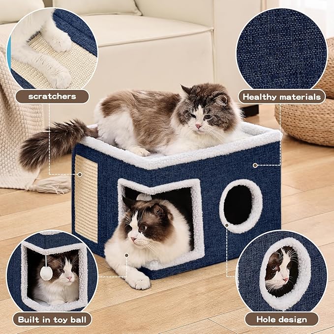 Cat Beds for Indoor Cats Houses, Large Cat Cave with Fluffy Ball and Scratch Pad, Foldable Cat House with Hideaway Tent for Kitten,Grey (SingleAB, Large)