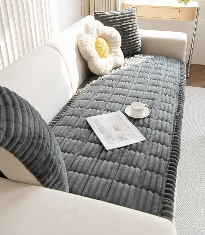 Faux Fur Plush Dog Couch Cover 3D Stripe Fuzzy Sofa Cover Non-Slip Fluffy Dog Bed Cover Pet Blanket Sofa Couch Furniture Protector for Puppy Large Dog Cat (Dark Grey,31"x63")