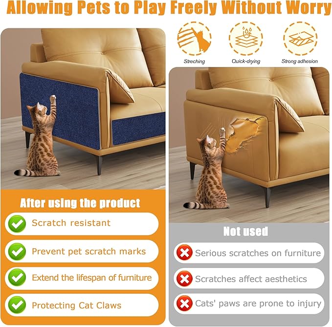 Cat Scratching mat Self-Adhesive, Trimmable Furniture Protector for Couch, Sofa, Wall & Cat Trees - Durable Scratch Pad with Nano Tape, DIY Climbing Carpet for Indoor Cats (Dark Blue, 78.7"x15.8")