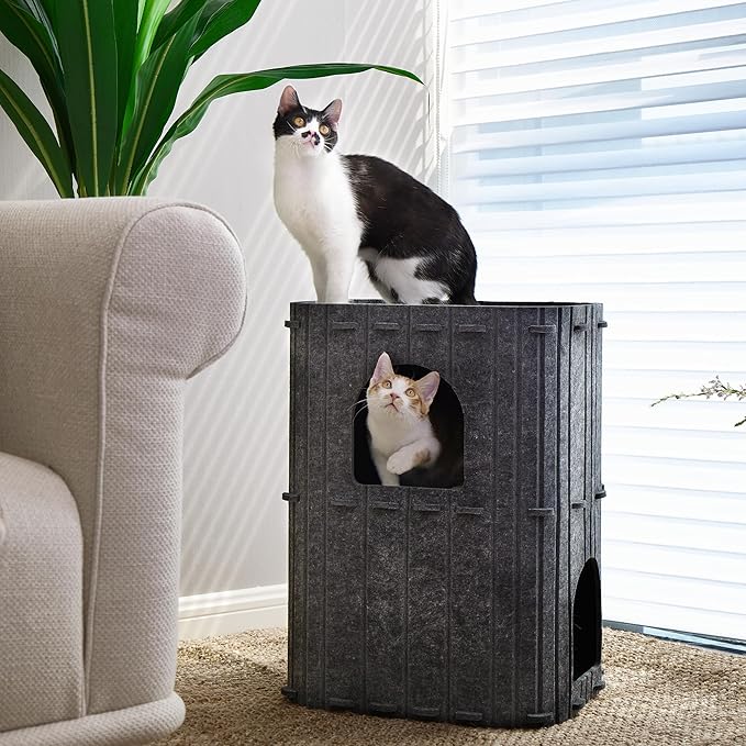 FUKUMARU Cat House for Indoor Cats, 2-Storey Large Cat Bed Cave, Cozy Felt Covered Cats Tunnel Condo Hideaway for Multicats, 17.72x14.37x23.62 inches, Dark Grey