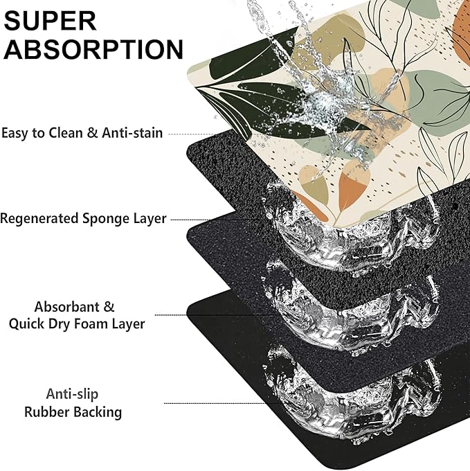 Abstract Boho Leaves Dog Food Mat-Absorbent Pet Feeding Mat for Food and Water Bowl, Quick Dry Dog Placemat with Rubber Backing-No Stains Pet Supplies for Messy Drinkers 12"x20"