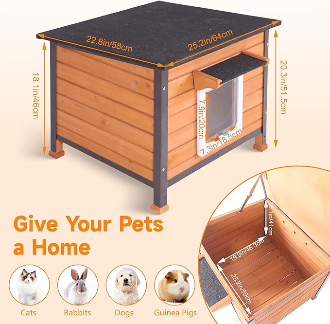 Outdoor Cat House, Feral Cat Houses Waterproof of All-Around Iron Frame, Solid Wooden Cat Shelter with Adjustable Door for Cats, Dogs and Other Small Animals