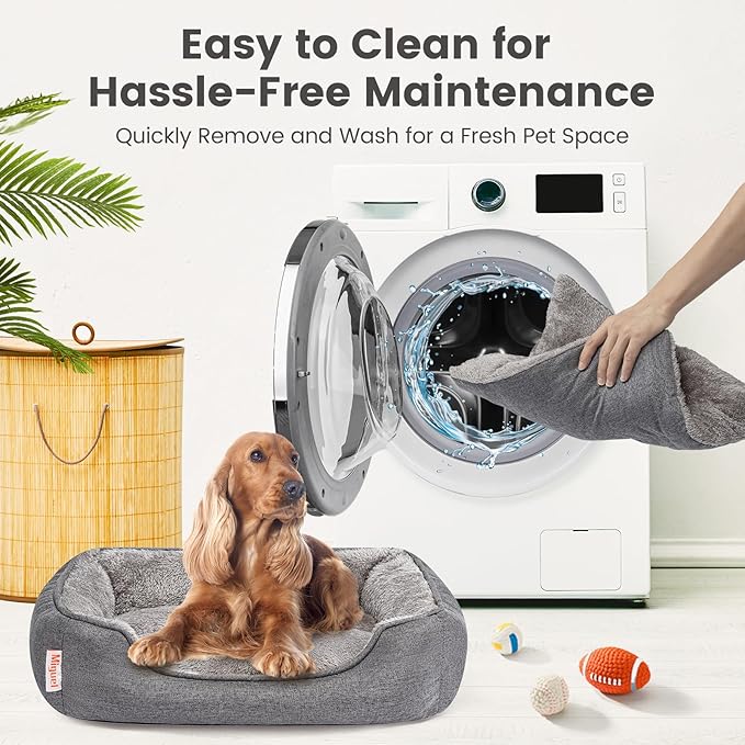 Miguel Faux Linen Dog Bed with Removable Cushion Pillow for Medium Small Dogs, Washable Pet Bed with Side Easy to Wash Puppy Bed, Rectangle Cat Bed for Indoor Cat with Anti-Slip Bottom, Gray 35 Inch