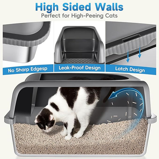 2 Pack Stainless Steel Cat Litter Box with Lid, XL Extra Large Metal Box for Big Cats, 24" L x 16" W x 12" H, Enclosed Litter Box High Sided, Non-Sticky, Include Litter Scoop