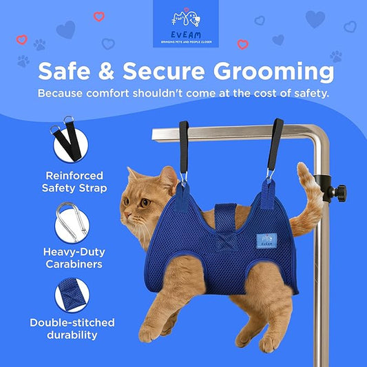 Pet Grooming Hammock for Cats & Small Dogs – Nail Clipping Kit with Sling, Clippers, File, Glove, Straps & Carabiners – Ideal for Trimming & Ear Cleaning – [S/XS] (Black, Small)