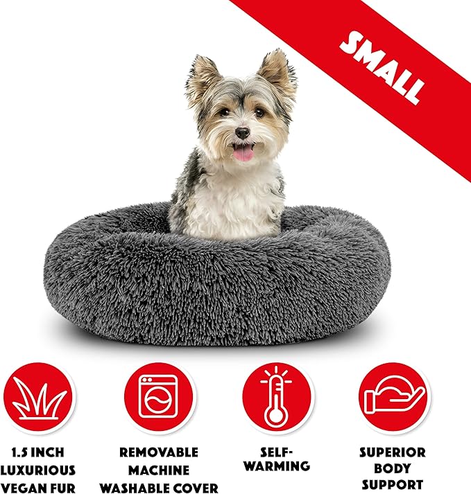 The Dog’s Bed Sound Sleep Donut Dog Bed, Small Steel Grey Fur Calming Nest Bed, Veterinary Approved