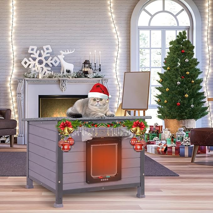 Insulated Cat House Outdoor, Wooden Feral Cat Shelter Weatherproof with Thickened Insulated Liner Keep Warm in Winter for Intdoor Cats, Dogs