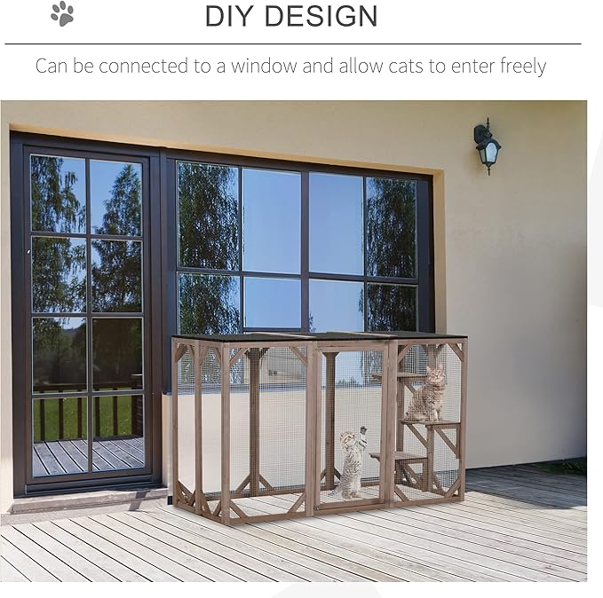 PawHut Outdoor Cat House, Catio Wooden Feral Cat Shelter, Cat Cage with Platforms, Large Enter Door, Weather Protection Asphalt Roof, 71" L, Brown