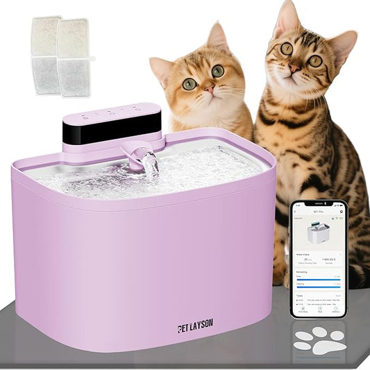 PET LAYSON Pumpless Cat Water Fountain, App Remote Control Smart Cordless Rechargeable Battery Operated, 3.6L/122oz 2.4G Wi-Fi Dog Water Dispenser, 2 Filters,2 Nozzles(Pink, M1 Pro)