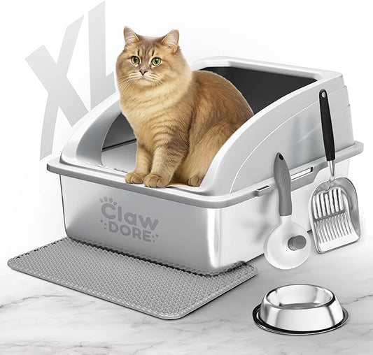 XL Stainless Steel Litter Box with Lid for Big Cats - Prevents Odor & Stains - Leak-Proof, Rust-Free & Non-Stick - Extra Large Cat Litter Box Stainless Steel with Scooper, Brush, Bowl & Mat Included