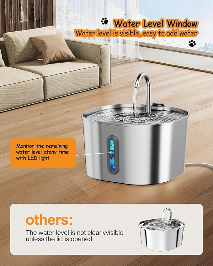 Cat Water Fountain Stainless Steel: 2.2L Pet Fountains for Cats Indoor Automatic Cat Fountain for Drinking Small Animal Water Bowl Dispenser Quiet Kitty Watering Supplies -for Small/Medium Cats & Dogs