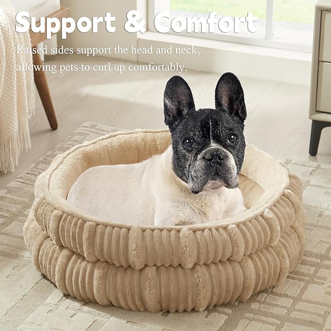 Dog Beds for Small Dogs, Puppy Kennel Bed - Round Cat Beds for Indoor Cats,Comfy Durable Pet Sleeping Bed, Washable Deluxe Plush Kitten Bed & Non-Slip Bottom, Beige 24" L x 24" W x 9" Th