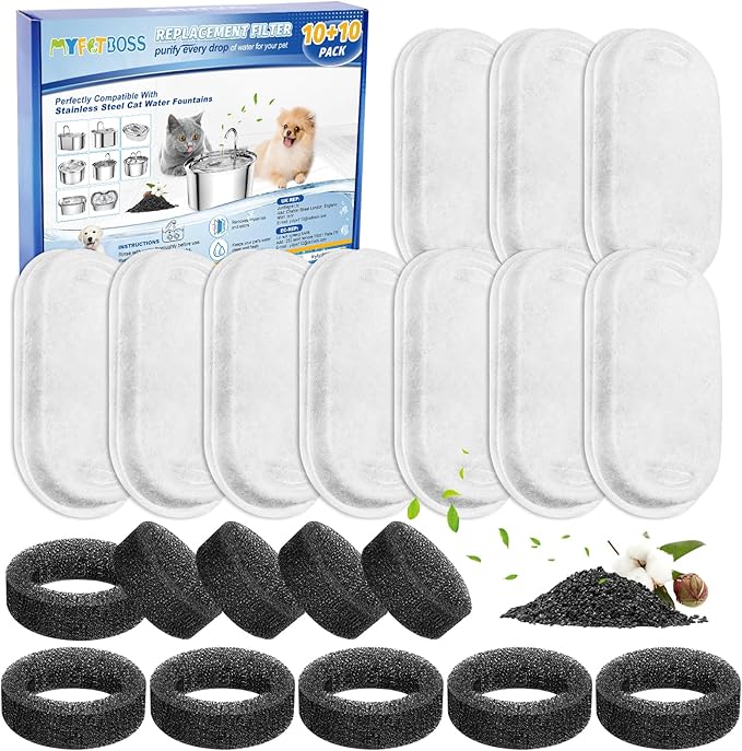 Cat Water Fountain Filter Replacement 67oz/2L, 8+8 Pack Filter & Sponge Compatible with Tomxcute Cat Fountain Stainless Steel 135oz/4.0L or 108oz/3.2L, Compatible with NautyPaws 3.2L/108oz