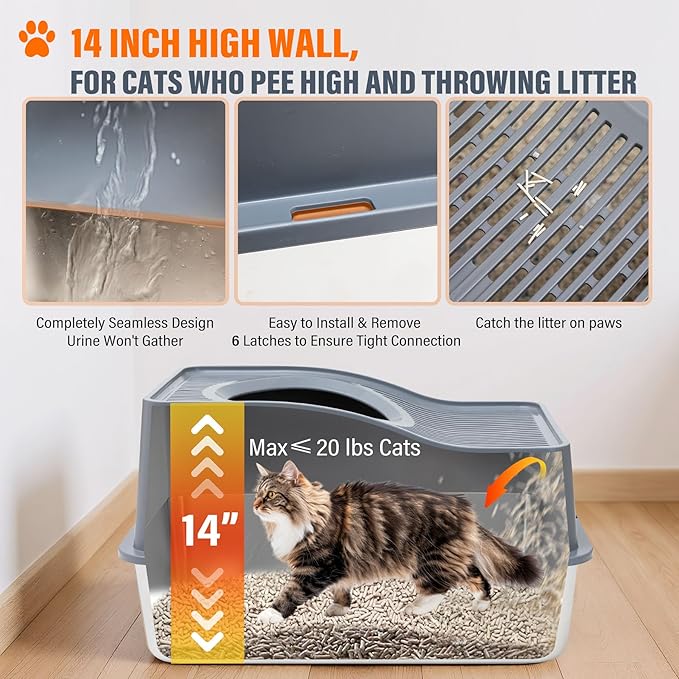 Top Entry Cat Litter Box with Lid, Stainless Steel XXL Enclosed Cat Kitty Litterbox, Extra Large Metal High Side Litter Pan Tray Box Enclosure Easy Cleaning Anti-Leakage