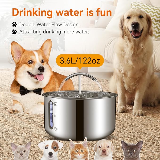 Cat Water Fountain, Large Capacity Stainless Steel Pet Water Fountain for Cats Inside,3.6L/121oz Automatic Dog Dispenser Water Bowl, Multiple Pets Water Fountain