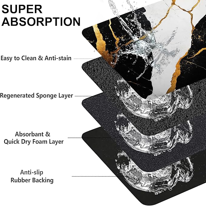 Black Gold Marble Dog Cat Food Mat-Absorbent Placemat for Food and Water Bowl, Waterproof Non Slip Rubber Backing Dog Food Mats for Floors, Pet Supplies 16 * 24 inch