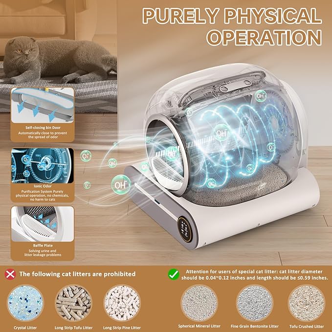 SUW Self Cleaning Litter Box, Automatic Cat Litter Box Self Cleaning for Multiple Cats, 65L+9L Robot, 3 Rolls Grabage Bags, Negative ion deodorization, APP Control, Toilet Monitoring