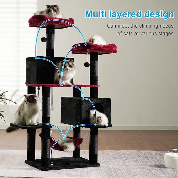 Hey-brother Gothic Large Multi-Level Cat Tree Condo Furniture with Sisal-Covered Scratching Posts, 2 Bigger Plush Condos, Perch Hammock for Kittens, Cats and Pets, Black and Red MPJ020BR