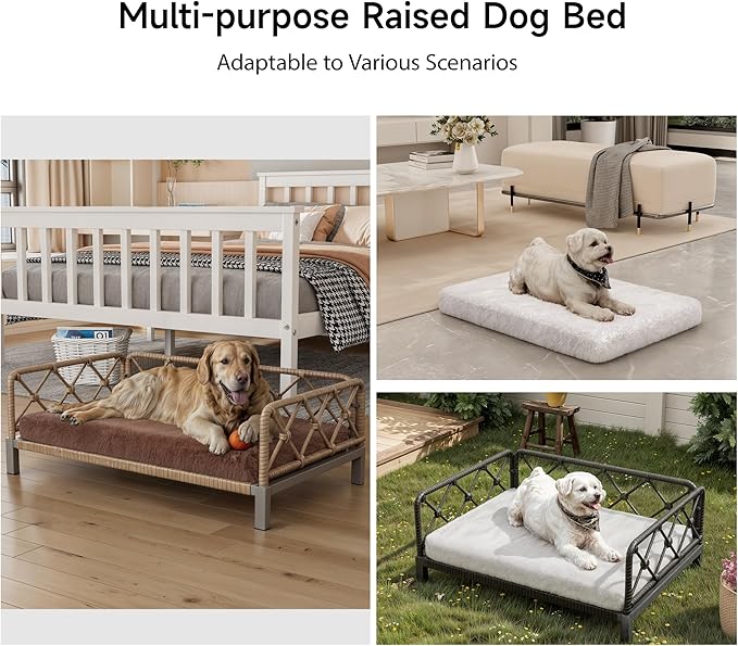 Dog Bed with Cushion, Cooling Elevated Raised Beds with Rattan Breathable Mesh and Universal Mat, Indoor & Outdoor Pet Cots for Small Dog, Black