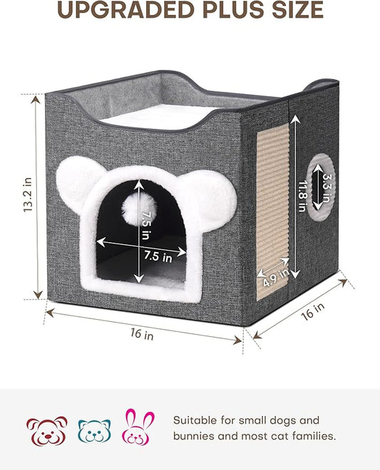 Cat Houses for Indoor Cats, Large Cat Cave with Fluffy Ball and Scratch Pad, Covered Cat Bed House, Foldable Cat Hideaway