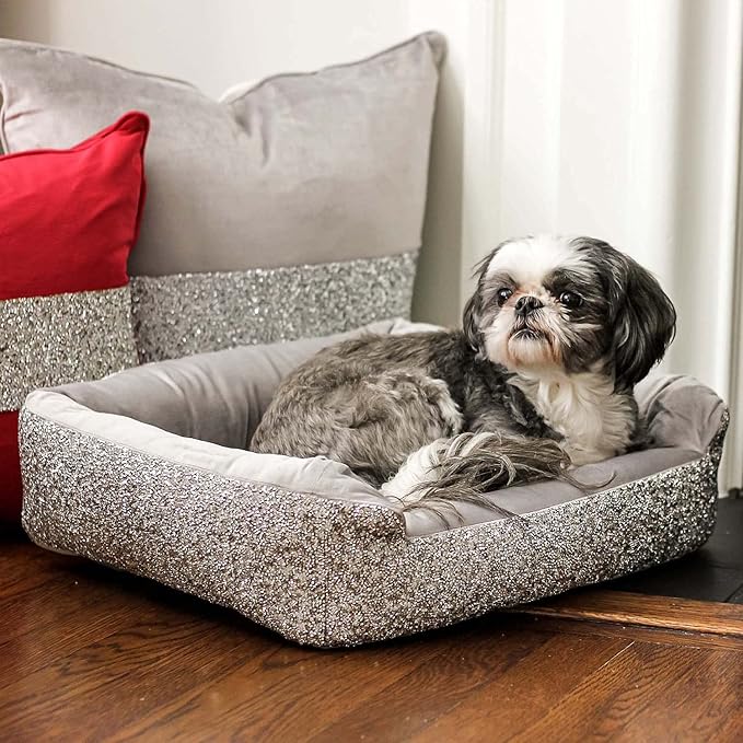 Pet Bed, Sparkling Rhinestones, Soft, Comfortable Velvet, for Lounging Dogs, Cats, Pets, Silver, Small, Sold Individually