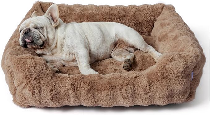 Lesure Fluffy Dog Beds for Medium Dogs - Rectangle Orthopedic Calming Pet Sofa,Plush Bubble Bolster Pet Bed with Removable Washable Cover and Nonskid Bottom,30x24x8inches,Brown