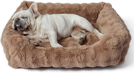 Lesure Fluffy Dog Beds for Medium Dogs - Rectangle Orthopedic Calming Pet Sofa,Plush Bubble Bolster Pet Bed with Removable Washable Cover and Nonskid Bottom,30x24x8inches,Brown