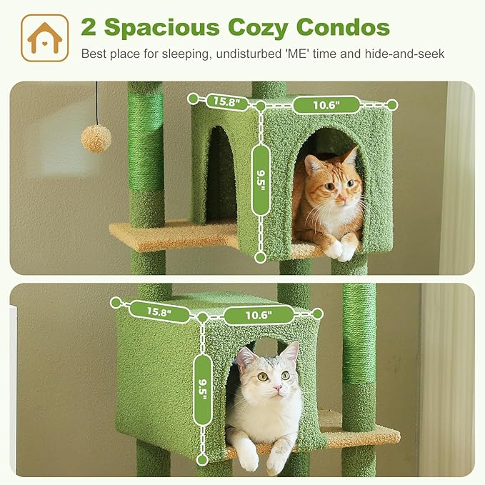 PAWZ Road Cactus Cat Tree Tower 62 Inches Cat Tree with 2 Condos,2 Large Perch,4 Scratching Posts & 1 Scratching Board, and 2 Hanging Balls for Indoor Cats