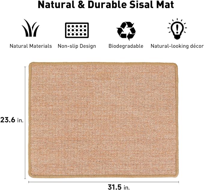 FUKUMARU Cat Scratcher Mat, 23.6 X 31.5 Inch Natural Sisal Cat Scratch Mats, Horizontal Cat Floor Scratching Pad Rug, Protect Carpets and Sofas Brown