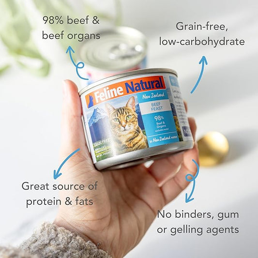 Feline Natural New Zealand Canned Catfood Wet Food, High-Meat, Low-Carb, & Grain Free Cat Food Wet, Beef Feast, 6 oz, Pack of 12